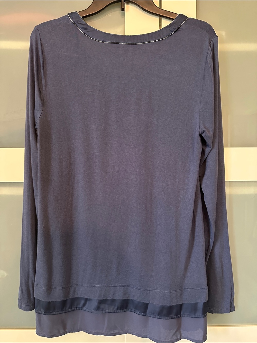 White House Black Market Long-Sleeve Slate Blue Layered-Hem Top - Picture 3 of 3